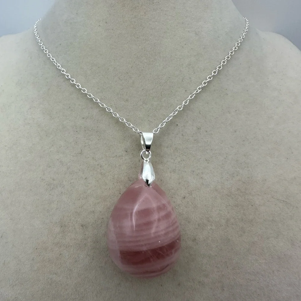 Madagascar Rose Quartz Teardrop Pendant Necklace on Silver Plated Box Chain